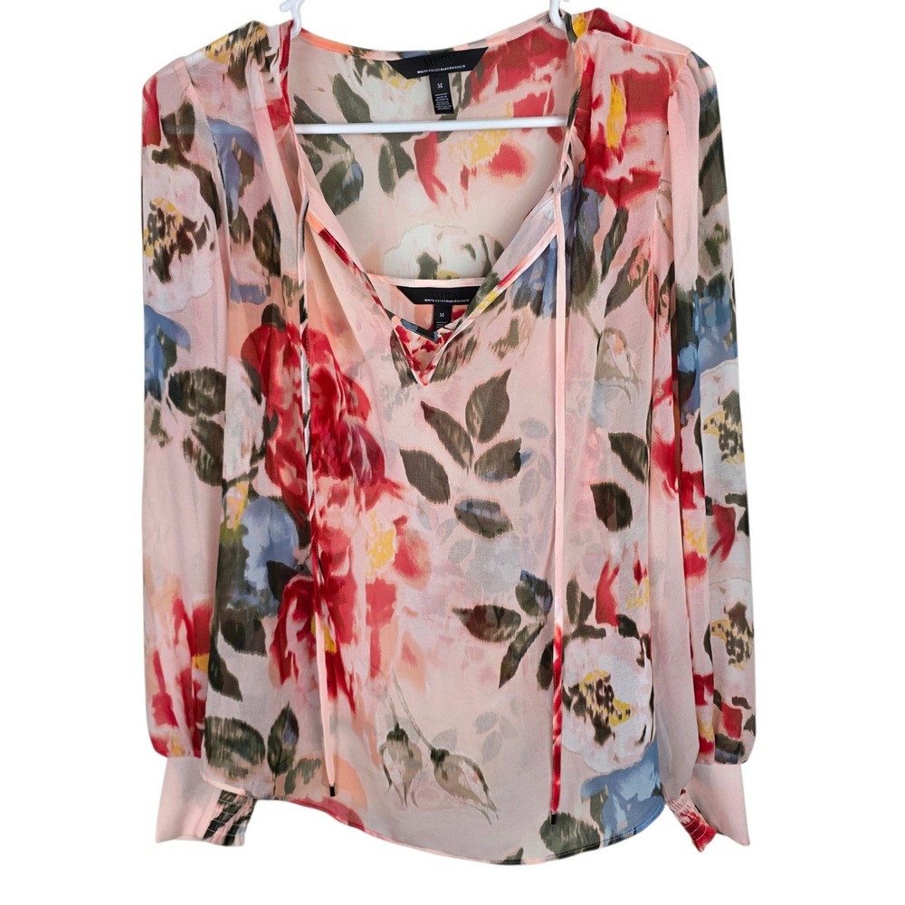 White House Black Market Floral Blouse Women Medium Pink Excellent Tie Neck Top